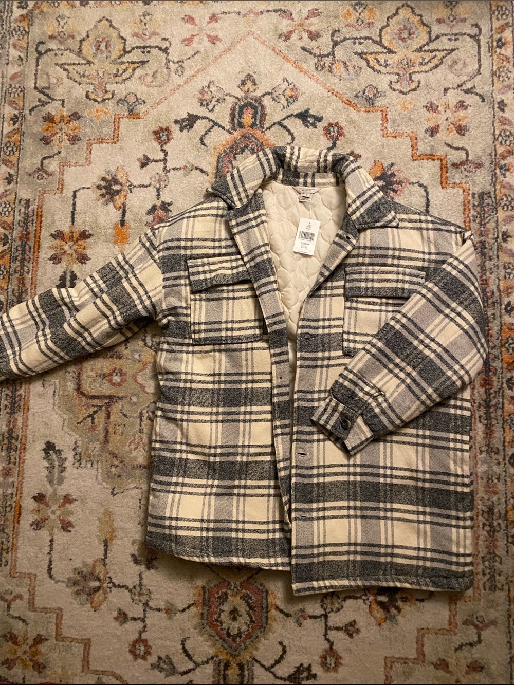 French Connection Kids Quilted Plaid Shacket Jacket - Cream & Gray